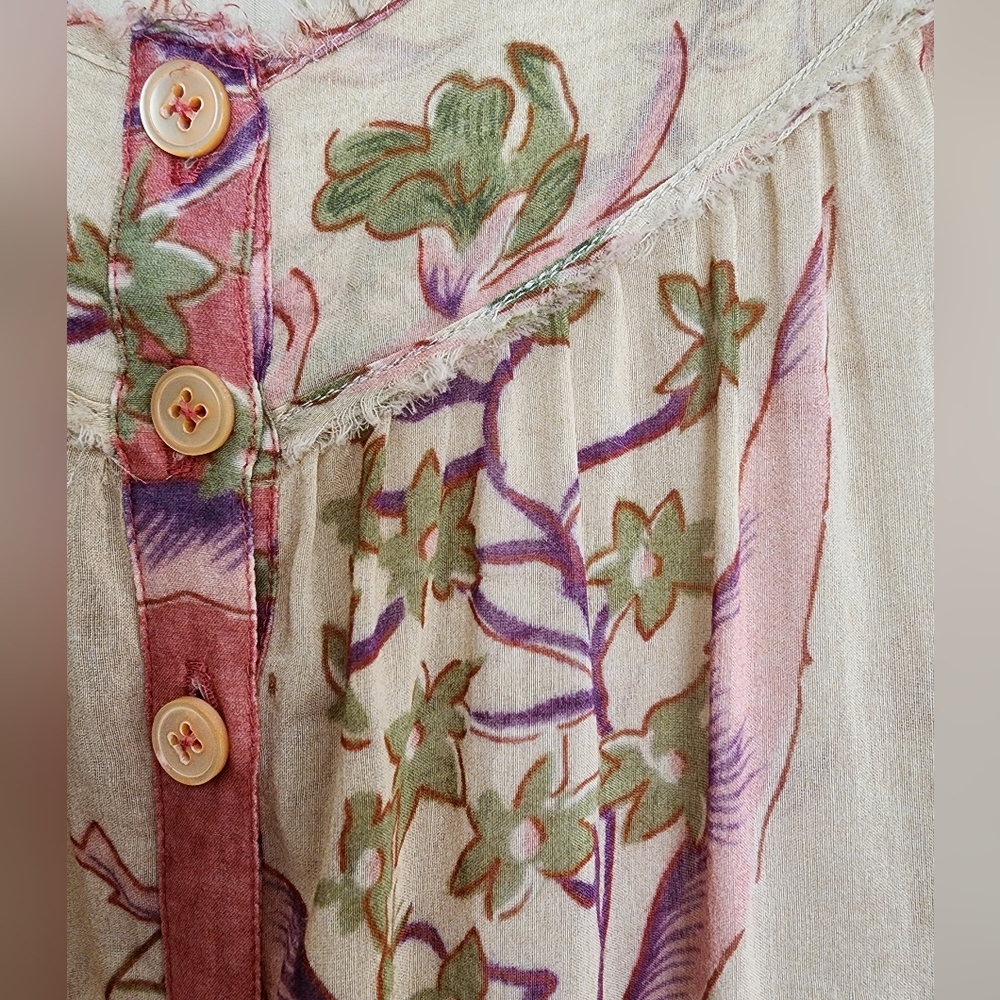DONNA KARAN Tan Red Cotton Silk Floral Print Long Sleeve Tunic Blouse SZ Small - Picture 5 of 8